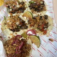 Mushroom tacos (four at the top). Plantain taco (bottom)  at Los Gordos in London