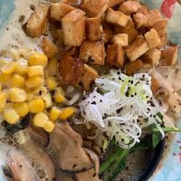 Vegan Yasai Miso Ramen: light broth with miso, noodles, fried tofu, bean sprouts, shiitake, leeks and spinach, served with spice on the side  at KIBO NO KI in Paris