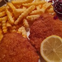 Vegan Schnitzel with fries and side salad at Wirtshaus zur Schupfa in Pentling