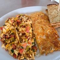 Scramble with Vegan style spicy meat.  at Dinner Bell Cafe in Prescott