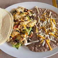 Tofu scramble with refried beans instead of potatoes.  at Dinner Bell Cafe in Prescott