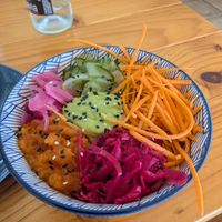 Vegan Poke Bowl (there's rice and mango sauce beneath the veg) at Nakai in Lanzarote