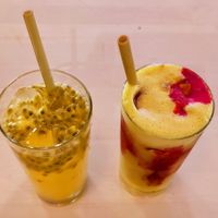 Fresh fruit juice: passion fruit on the left, beetroot, orange and ginger on the right at Loving Vegan  in Hafnarfjordur