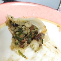 Mushroom and spinach vegan gyoza's inside at Senjo Handmade Gyoza Shop in Tokyo