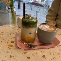 Mango match and chai latte  at Elias Coffee Shop in Prague