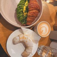 Vegan croissants sandwich with avocado and scrambled tofu  at Elias Coffee Shop in Prague