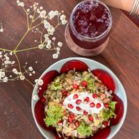 Avocado lentil salad with Blue Spell iced tea! at Greenr in Panaji