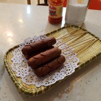 Vegan sausages. The meat part is nice and somehow sweet, but some white part inside felt a little like solid fat and ruined the experience. 6/10 at Jade Buddha Vegetarian 玉佛寺素斋馆 in Shanghai