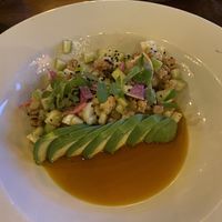 Vegan Ceviche: Roasted Cauliflower, Soursop Sauce, Avocado, Green Apple, Pasilla Oil and Black Sesame ($159 Pesos) 😋  at Terraza Gran Hotel in Mexico City