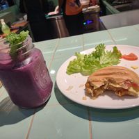 Blueberry smoothie, chickpea chorizo panini w vegan cheese at The Good Food Co. in Phnom Penh