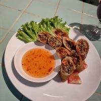 Spring rolls, sauce slightly spicy. Excellent at The Good Food Co. in Phnom Penh