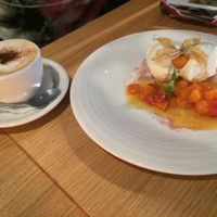 Vegan dessert & cappuccino with almond milk. Both delicious.  at Chimichurri in Frankfurt