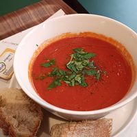 Tomato soup with bread and butter at MoMu Café in Antwerpen