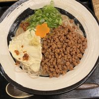 Cold soba noodles with tofu skin, green onions and soy meat crumble.   at Kyoto Soba-Morihei in Kyoto