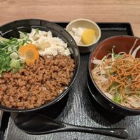 Rice with soy meat and soba noodles at Kyoto Soba-Morihei in Kyoto