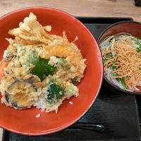 Full set - rice and tempura bowl with side salad at Kyoto Soba-Morihei in Kyoto