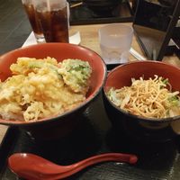 Vegetable tempura with rice, and noodle side salad at Kyoto Soba-Morihei in Kyoto