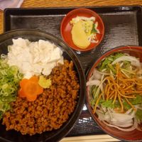 Reis, Tofu und Tofu-Hackfleisch. Rechts Salat mit Soba-Spaghetti at Kyoto Soba-Morihei in Kyoto