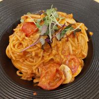Sichuan Spicy Vegetarian Pork Dandan Sauce Fresh Tomato Spaghetti 川味新豬肉担担醬鮮茄意粉 (Contains egg/milk) at Café Influffy - 毛所樹樹 in Kowloon