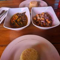 Vegetable Curry (made with Coconut milk) Tofu Sisig and Garlic Rice. They add a 10% service charge. at Olive Crib Bar and Restaurant in Palawan