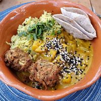 Curry, basmati rice, meal of the day! at Sambodhi Garden in Mazunte