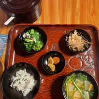 Miso soup, big pan of rice, mushrooms, pickles and green tea  at Saien - Breakfast by Buddhist Monks in Hakone