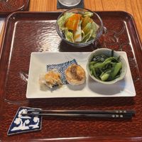 Starter - salad with tomato dressing, aubergine with pickles, mountain potato and miso and spinach salad with sesame paste, sugar and Japanese miso  at Saien - Breakfast by Buddhist Monks in Hakone