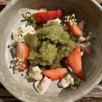 2nd desert (strawberries, vegan meringue and mint granité)  at Bloempot in Lille