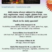 Menu - page 1 close-up at Breathe Bookstore Cafe in Baltimore