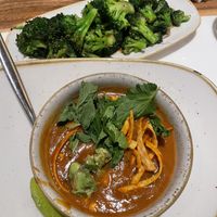 Vegan Tortilla cup of soup and a side of broccoli  at Monkeypod Kitchen in Lahaina