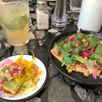 Vegan faina, pomelo juice with basil, crudite appetizer  at Flora  in Montevideo
