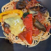 Spaghetti with eggplant and vegan cheesee  at Vegan Eat Tokyo in Tokyo