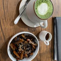 Matcha latte+ stir fried lotus root   at Vegan Eat Tokyo in Tokyo