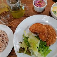 My meal set: "pork cutlets", rice, corn soup and a small salad. Drinks were water and hot green tea. at Vegan Eat Tokyo in Tokyo