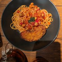 Chickpea pasta with vegan cutlet at Vegan Eat Tokyo in Tokyo
