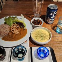Japanese mom curry dinner set with aooni ipa and sake tasting at Vegan Eat Tokyo in Tokyo