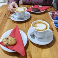 Chocolate and Chocolate Chip Cookies with Soy Cappucino at Kaveghi in Verona