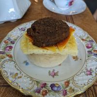 Vegan sausage egg and cheese crumpet at Crumpets in Rochester