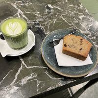 Matcha and toasted banana bread   at Man Versus Machine Coffee Roasters  in Munich