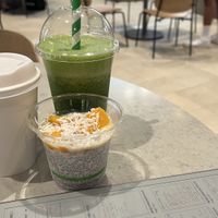 Soy latte, mango tea pudding, green machine smoothie  at BNE - Seeds by Bruno Loubet   in Brisbane Airport