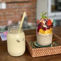 Pineapple smoothie with almond milk and overnight oats with fruit    at The Happy Bird B&B in Hoi An