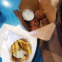 Vegan Gyros (pulled oyster mushroom) and tomato cakes at Laros Greek - Bold St in Liverpool