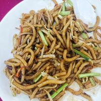Fried needle Noodle, strong wok hei, highly recommend at Gandhara Vegetarian Restaurant in Kuching