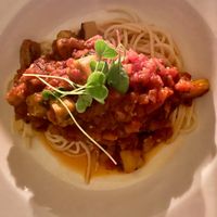 Aubergine and tomato pasta  at Finch Bay Galapagos Hotel in Puerto Ayora