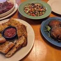 Meatballs, salad, garlic bread, portabello at Bella Monica Cucina & Vino in Raleigh