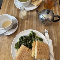 Coronation panini. Brocolli, apple and spinach soup. Soups are always vegan!  at Rendezvous  in Cockermouth