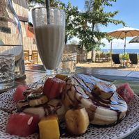 Vegan pancakes + chocolate sauce & fruits   at Belle's Beach Bar in San Juan