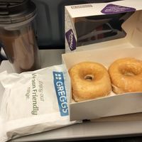 Vegan donuts & a vegan steak bake in the bag. at Greggs - Kings Cross in North London
