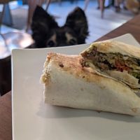 Vegan wrap with square sausage, avocado/guacamole, haggis and brown sauce at Brunch  in Glasgow