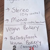 Note from the owner with recommendations for vegan places at Brunch  in Glasgow